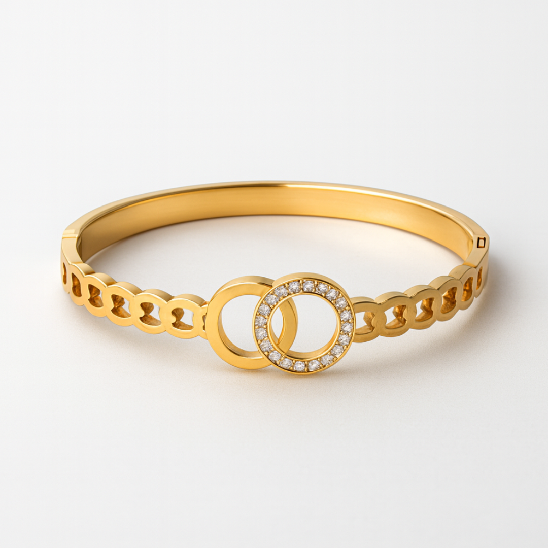 Callista | Gold Plated Interlocking Double Circles Zircon Cuff Bracelet Bangle