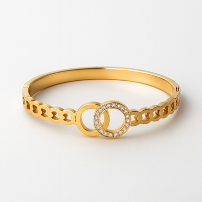 Callista | Gold Plated Interlocking Double Circles Zircon Cuff Bracelet Bangle