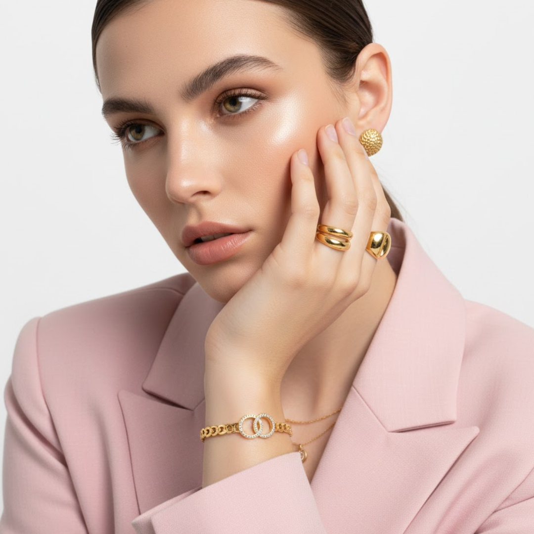 Callista | Gold Plated Interlocking Double Circles Zircon Cuff Bracelet Bangle