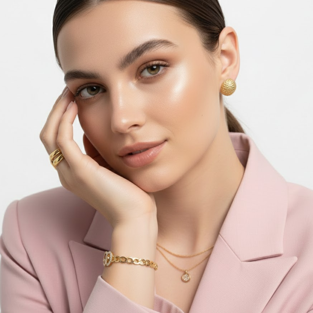 Callista | Gold Plated Interlocking Double Circles Zircon Cuff Bracelet Bangle