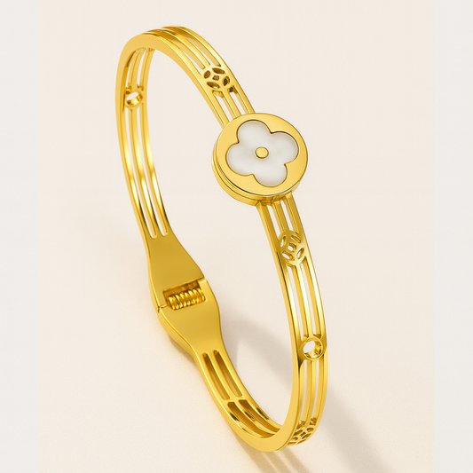 Meryll | Gold Plated Shell Filled Four-Leaf Clover Bangle Bracelet