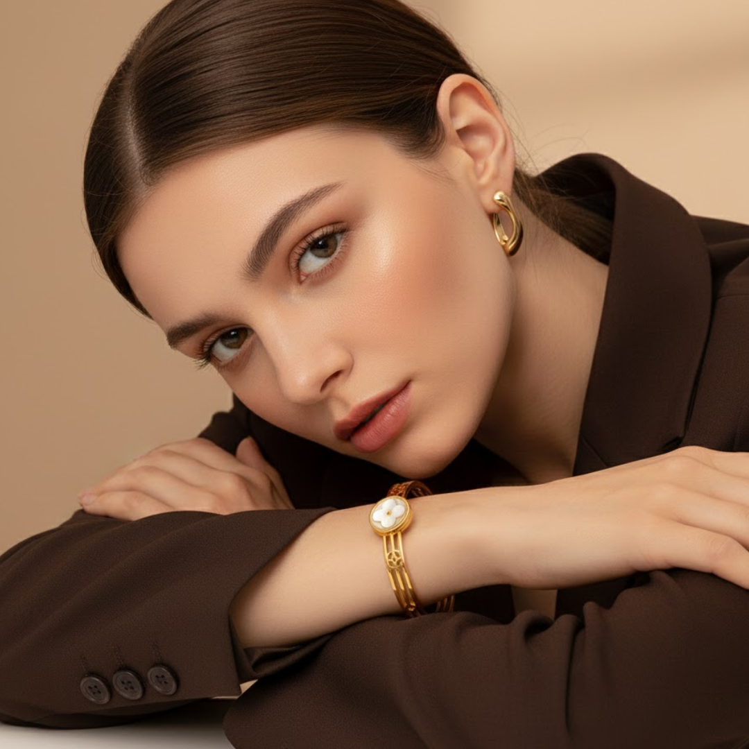 Meryll | Gold Plated Shell Filled Four-Leaf Clover Bangle Bracelet