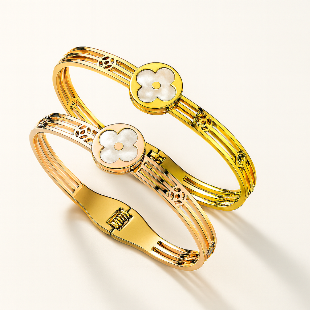 Meryll | Gold Plated Shell Filled Four-Leaf Clover Bangle Bracelet