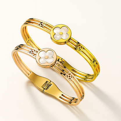 Meryll | Gold Plated Shell Filled Four-Leaf Clover Bangle Bracelet