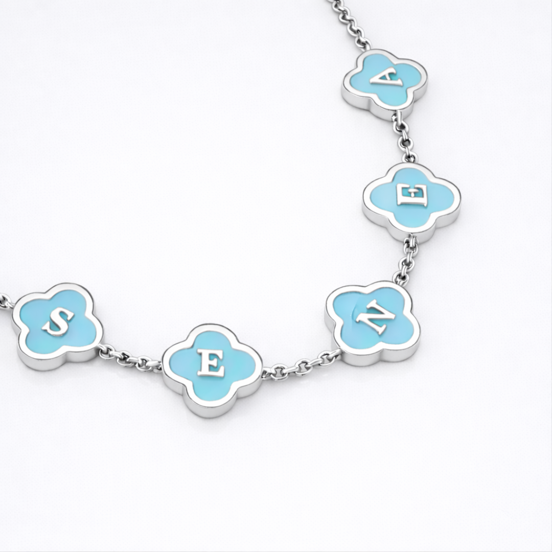 Twilight Personalised Aqua Blue Clover Name Necklace