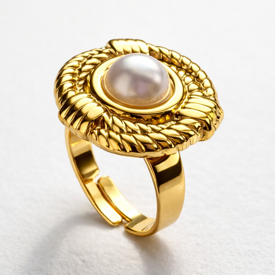 Zoe | Gold Plated Vintage Chunky Resizable Ring with a Round Pearl