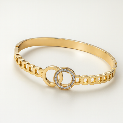 Callista | Gold Plated Interlocking Double Circles Zircon Cuff Bracelet Bangle