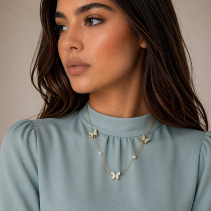 Raquel | Gold-Plated Shell Butterfly Charm Pearl Necklace