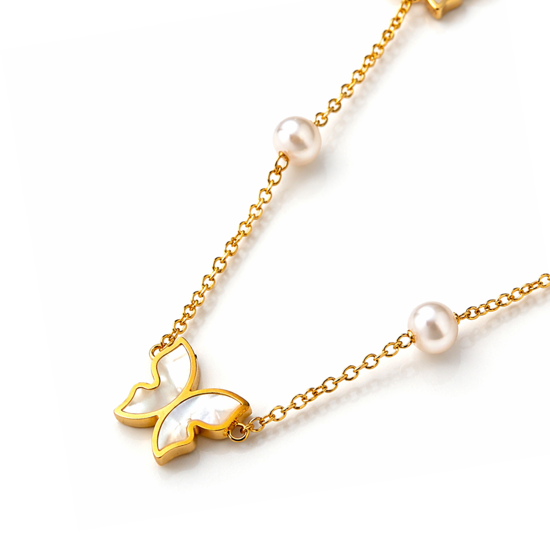 Raquel | Gold-Plated Shell Butterfly Charm Pearl Necklace