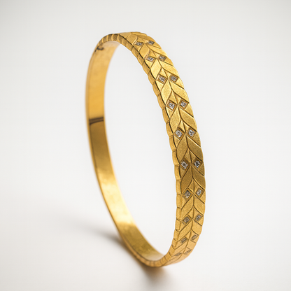 Irene | Gold Plated Leaf Pattern Zircon Cuff Bracelet Bangle