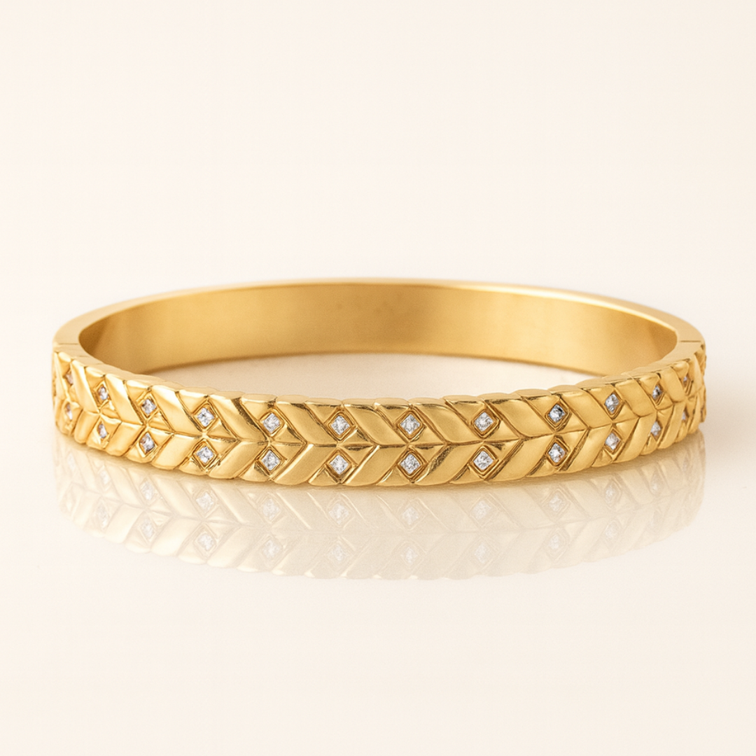 Irene | Gold Plated Leaf Pattern Zircon Cuff Bracelet Bangle
