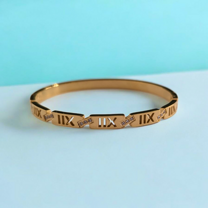 Zara | Gold Plated Roman Numerals Cuff Bangle Bracelet with Zircons
