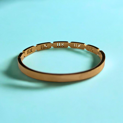 Zara | Gold Plated Roman Numerals Cuff Bangle Bracelet with Zircons