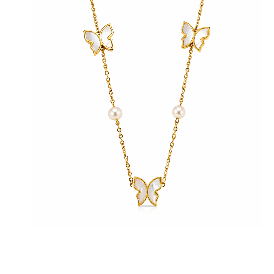 Raquel | Gold-Plated Shell Butterfly Charm Pearl Necklace
