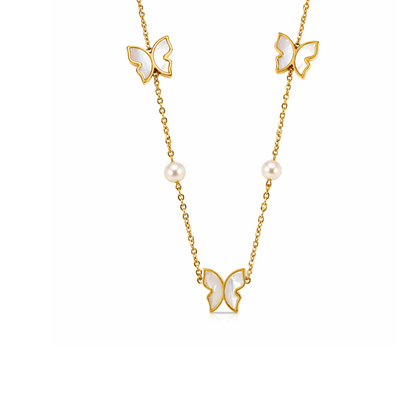 Raquel | Gold-Plated Shell Butterfly Charm Pearl Necklace