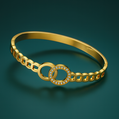 Callista | Gold Plated Interlocking Double Circles Zircon Cuff Bracelet Bangle