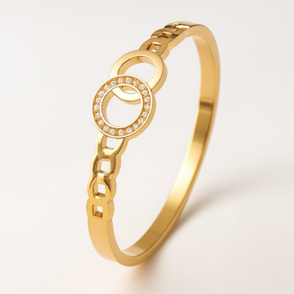 Callista | Gold Plated Interlocking Double Circles Zircon Cuff Bracelet Bangle