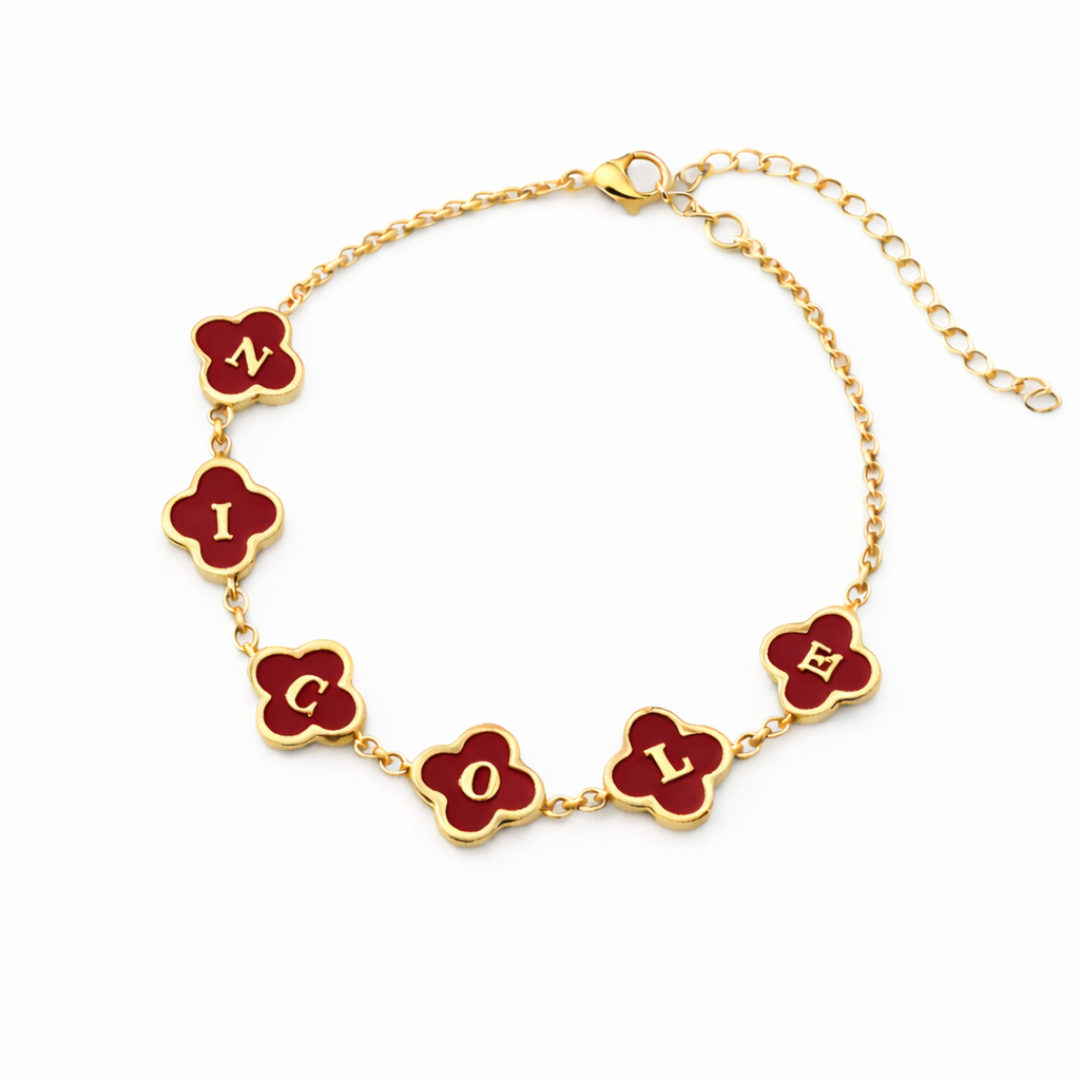 Valentina Clover Bracelet - Personalised Red Clover Name Bracelet