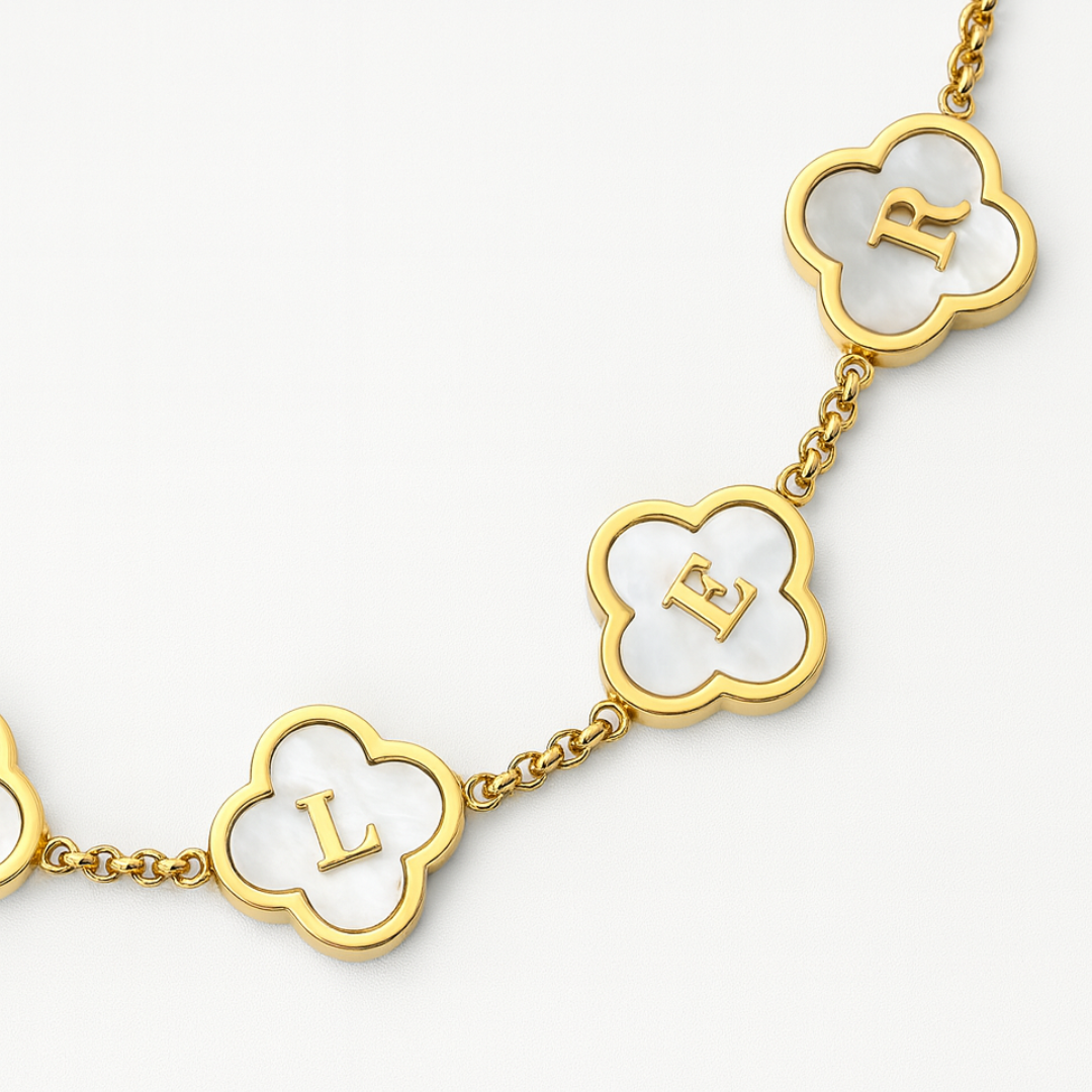 Candace Clover Bracelet - Personalised Mother of Pearl Clover Name Bracelet