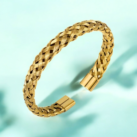 Rosie | Gold Plated Braided Weaved Open Cuff Bangle Bracelet