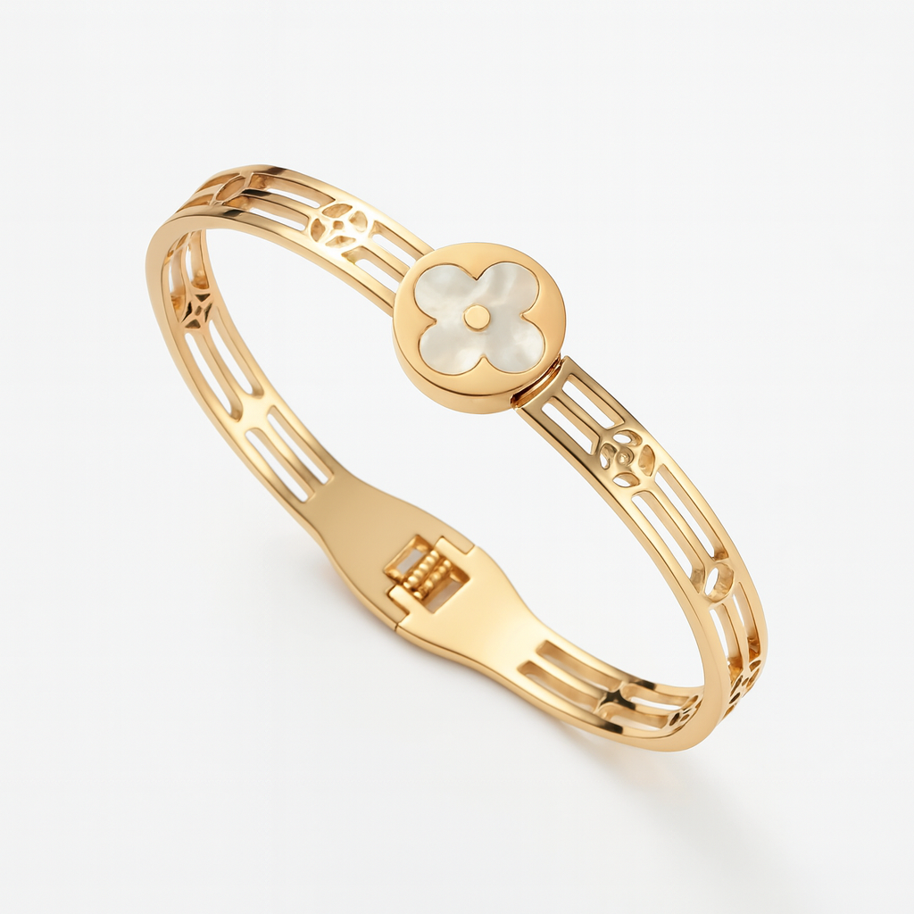 Meryll | Gold Plated Shell Filled Four-Leaf Clover Bangle Bracelet