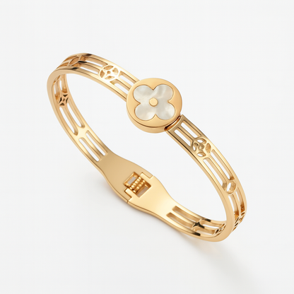 Meryll | Gold Plated Shell Filled Four-Leaf Clover Bangle Bracelet
