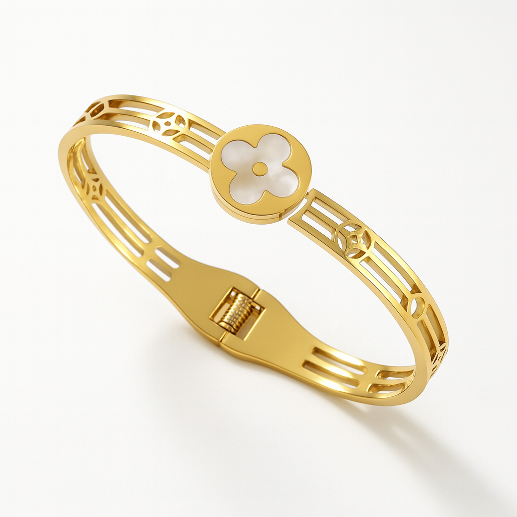 Meryll | Gold Plated Shell Filled Four-Leaf Clover Bangle Bracelet