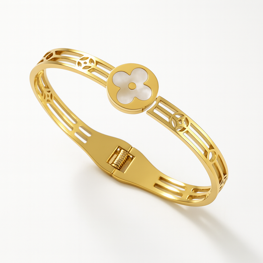 Meryll | Gold Plated Shell Filled Four-Leaf Clover Bangle Bracelet