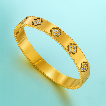 Viviana | Gold-Plated Four-Leaf Clover Cuff Bangle Bracelet with Zircons