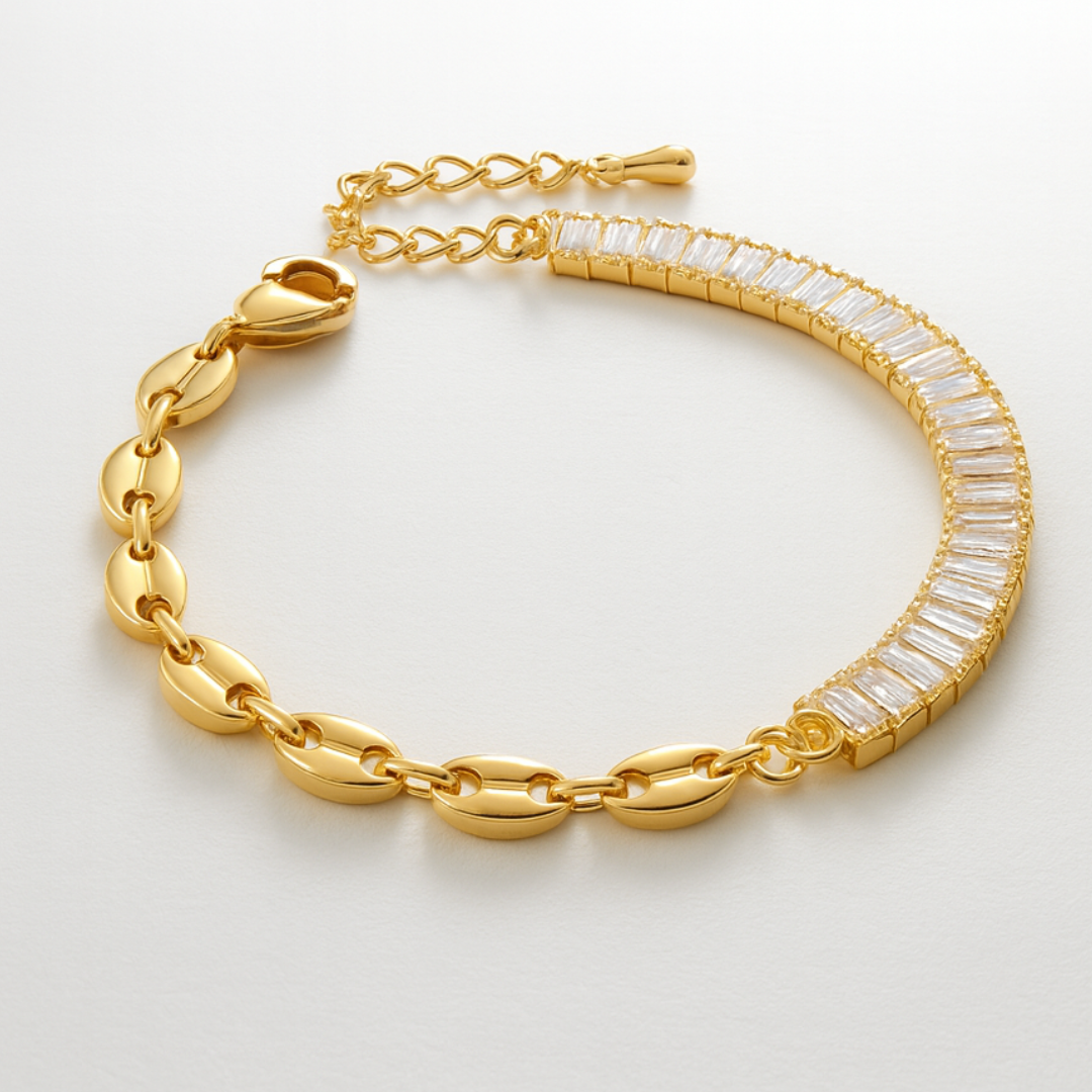 Giselle | Gold Plated Coffee Bean Link Bracelet with Zircons