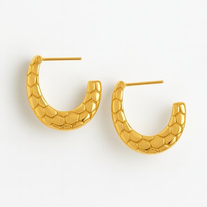 Sylvia | 18K Gold Plated French Moon Style Textured Hoop Waterproof Earrings