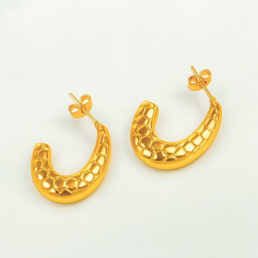 Sylvia | 18K Gold Plated French Moon Style Textured Hoop Waterproof Earrings