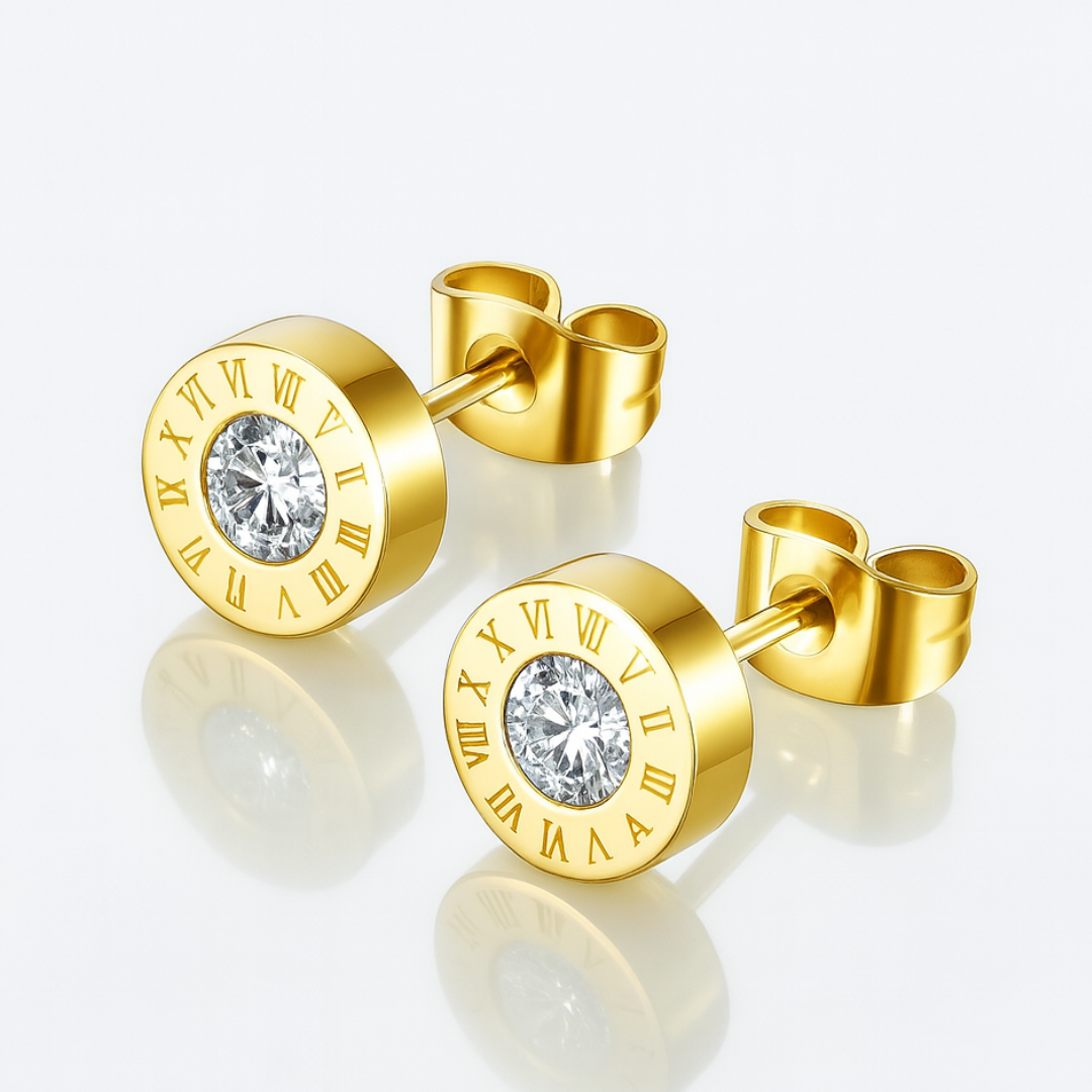 Maria | 18K Gold Plated Roman Numeral Round Zirconia Waterproof Earrings