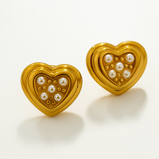 Harlow | 18K Gold Plated Heart Shaped Stud Waterproof Earrings with Pearls