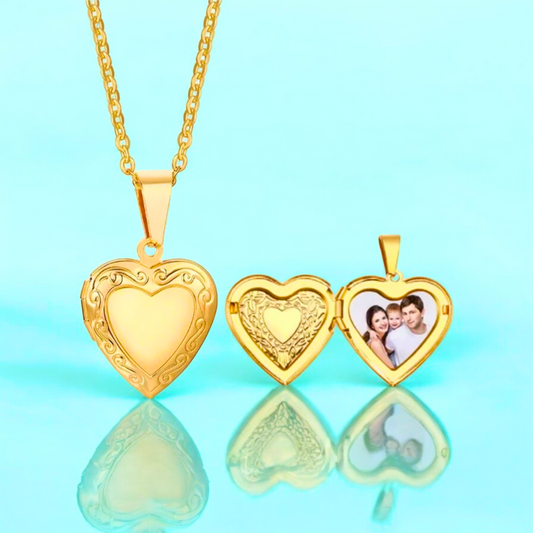 Raven | Gold (18K) Plated Heart Photo Frame Locket Pendant Waterproof Necklace