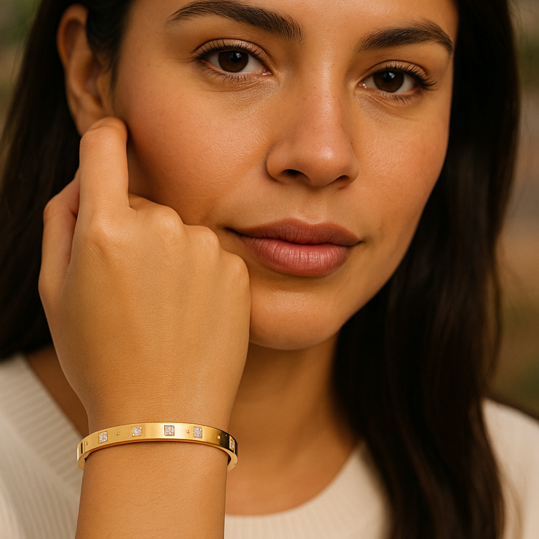 Helena | Gold Plated Cuff Bangle Bracelet with Star Shaped Zircons