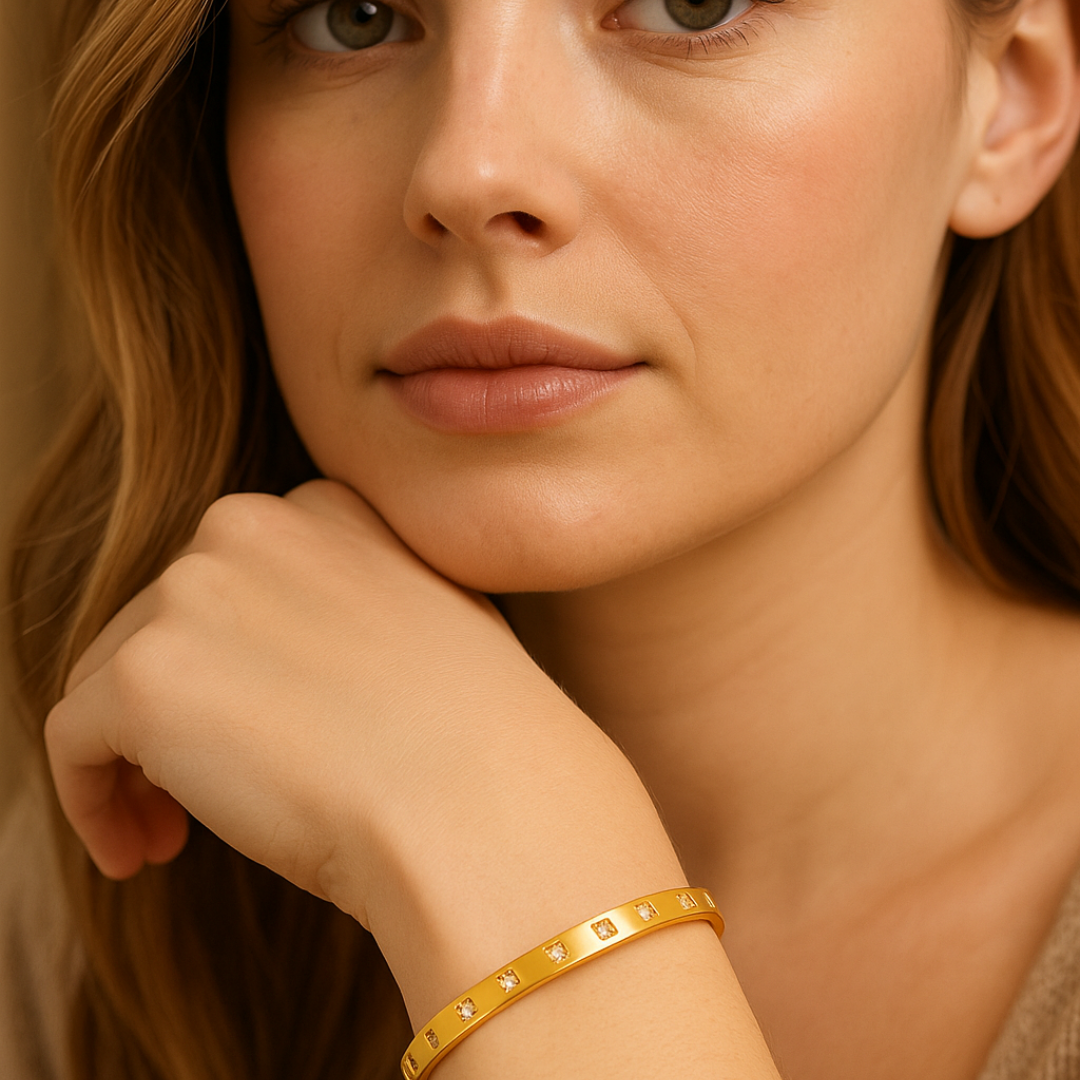 Helena | Gold Plated Cuff Bangle Bracelet with Star Shaped Zircons