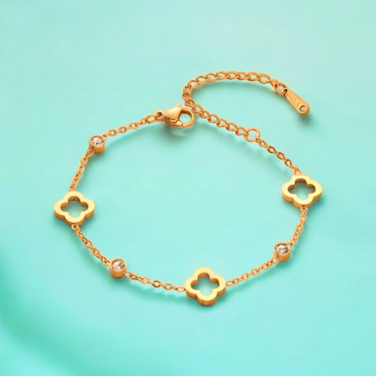 Rita | Gold Plated Hollow Clover Chain Bracelet with Zircons