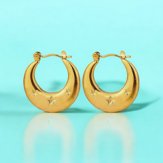 Arletta | Gold Plated Star Carved Crescent Moon Hoop Earrings