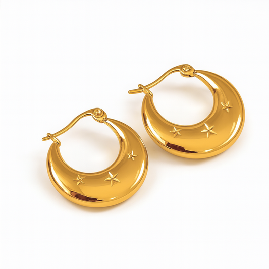 Arletta | 18K Gold Plated Star Carved Crescent Moon Hoop Waterproof Earrings