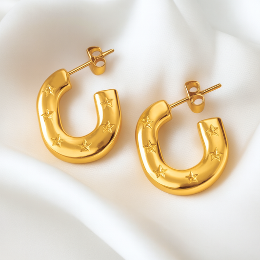 Lynn | 18K Gold Plated Carved Star C Shaped Hoop Waterproof Earrings