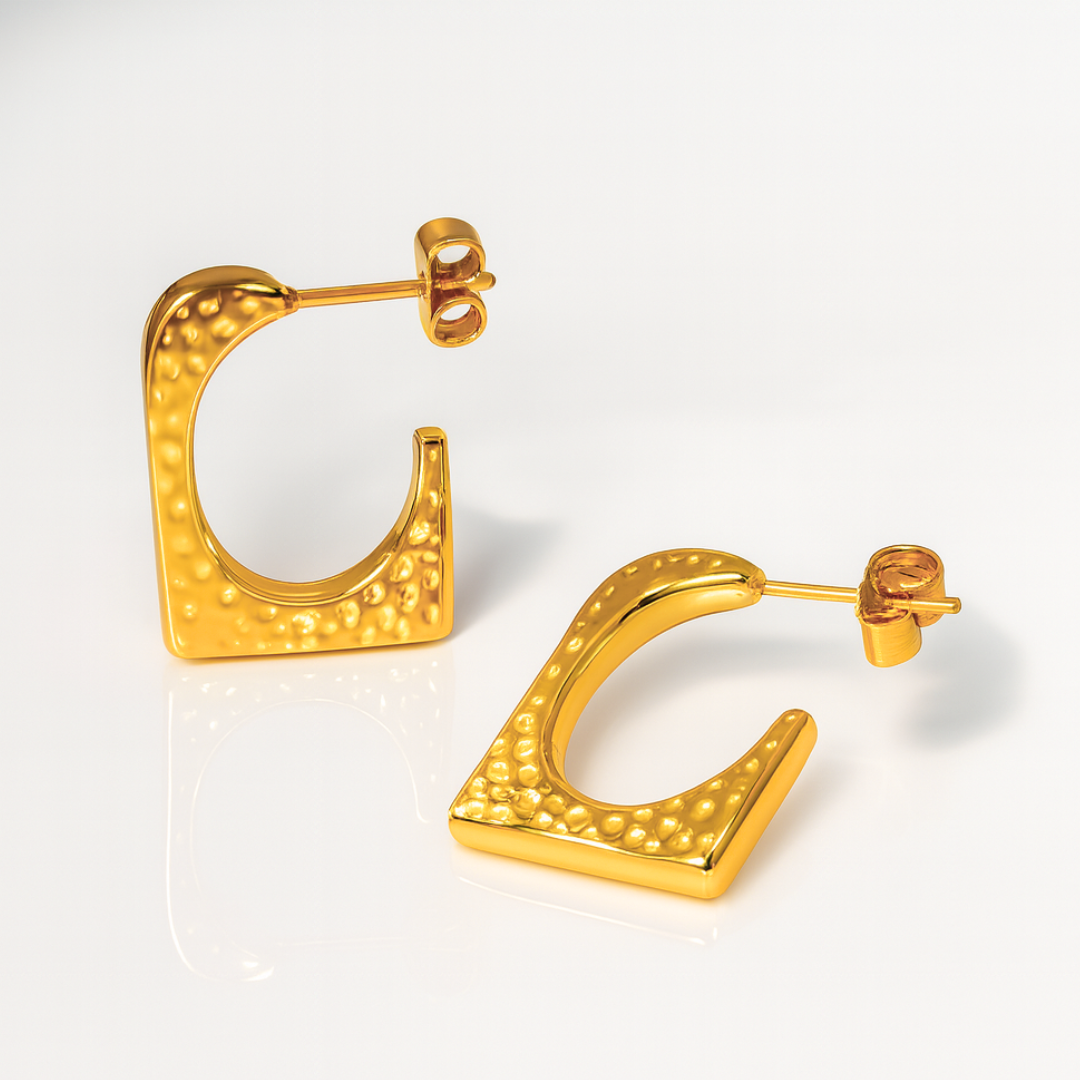Ellie | 18K Gold Plated Hammered Square Dangle Hoop Waterproof Earrings