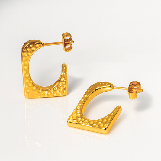 Ellie | 18K Gold Plated Hammered Square Dangle Hoop Waterproof Earrings