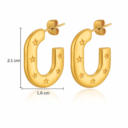 Lynn | 18K Gold Plated Carved Star C Shaped Hoop Waterproof Earrings
