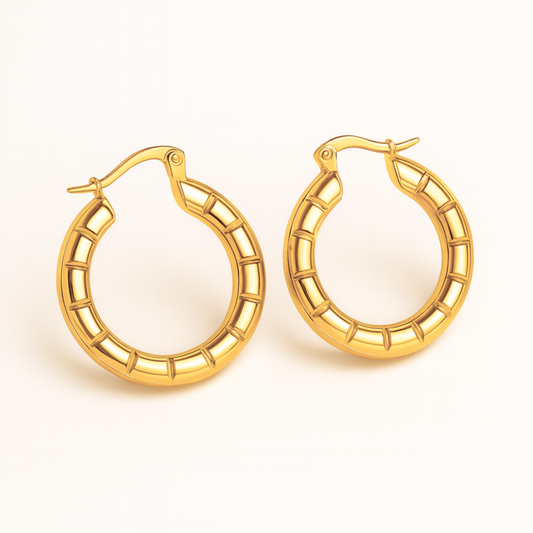 Avira | 18K Gold Plated Round Circle Textured Hoop Waterproof Earrings