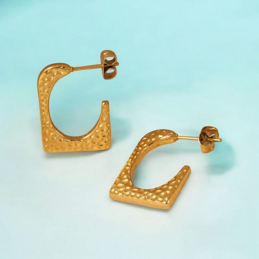 Ellie | Gold Plated Hammered Square Dangle Hoop Earrings