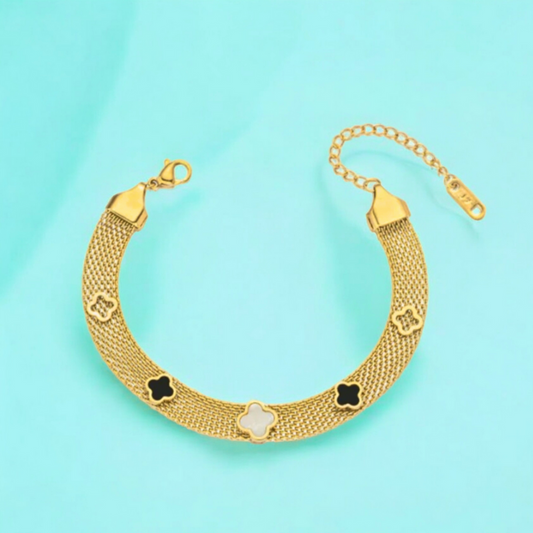 Antalya | Gold Plated Four-Leaf Lucky Clover Mesh Bracelet