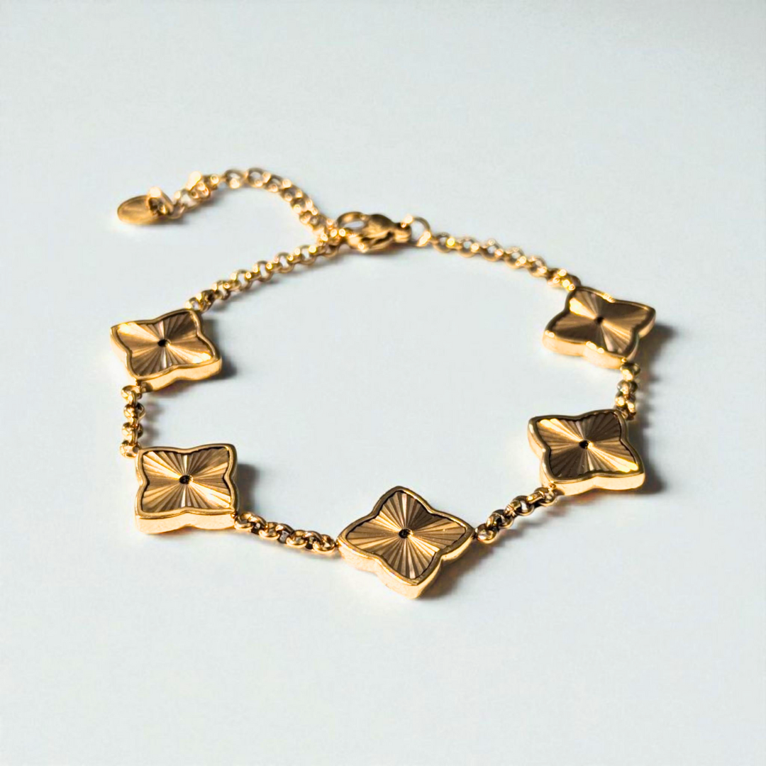 Gifting Set -18K Gold Plated Textured Four-Leaf Clover Set Waterproof (Necklace, Bracelet, Ring and Earring)
