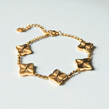 Gifting Set -18K Gold Plated Textured Four-Leaf Clover Set Waterproof (Necklace, Bracelet, Ring and Earring)