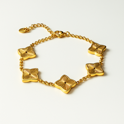 Gifting Set -18K Gold Plated Textured Four-Leaf Clover Set Waterproof (Necklace, Bracelet, Ring and Earring)